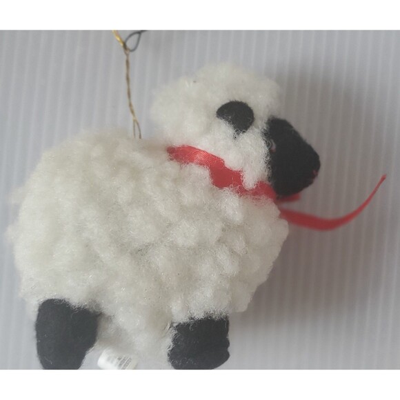 Vintage SHEEP LAMB Covered w/Fuzzy Wool Red Bow Christmas Ornament Cannon Falls - Picture 2 of 8